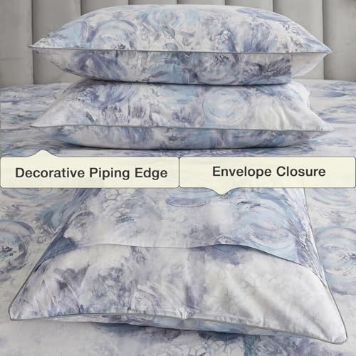 Image of Shabby Blue Floral Chic Percale Sheets King Size, 100% Cotton White Flower Deep Pocket Sheet Set, Abstract Aesthetic Soft Toile Bed Sheets, Luxury Vintage Cottage Core Bedding Sets, 4Pcs