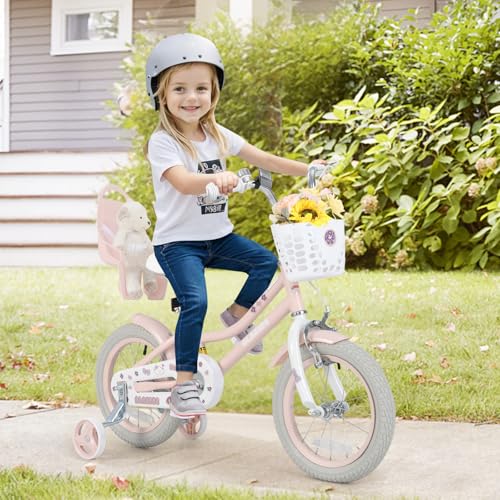 Image of Olakids Kids Bike, 12 14 16 18 20 Inch Girls Bicycle with Doll Seat Basket Adjustable Seat and Handlebar, Handbrake and Coaster Brake