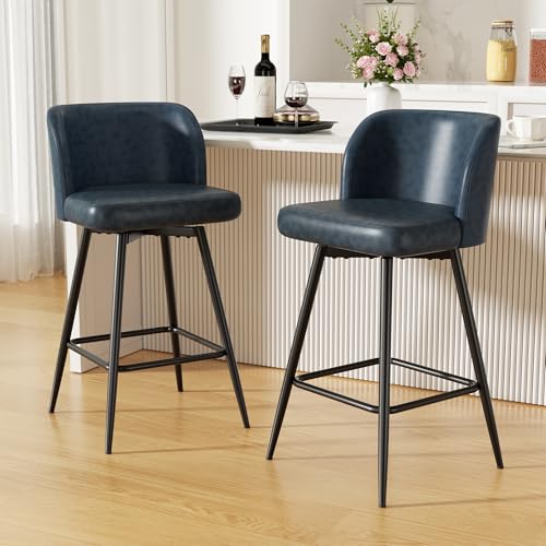 Image of Swivel Bar Stools Set of 3, 26 inch Counter Height Bar Stools with High Back and Metal Legs, Faux Leather Bar Chairs, Modern Barstools for Kitchen Island, Dark Blue