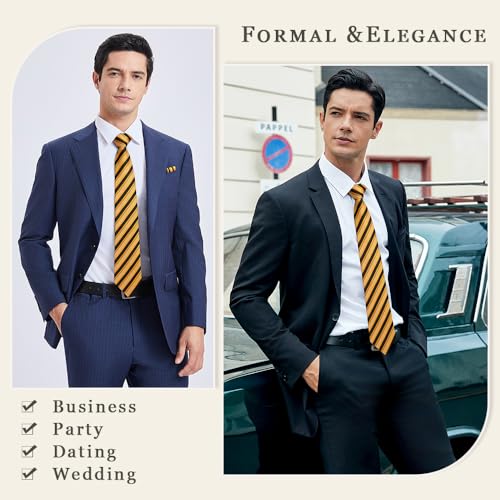Image of Enlision Mens Ties Stripe Tie and Pocket Square Set Classic Formal Woven Neckties Handkerchief Cufflinks Wedding