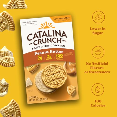 Image of Catalina Crunch Protein Cookies, 4g Protein per Serving | Low-Sugar Sandwich Cookies | Gluten Free, Vegan | Keto Dessert Snacks - Peanut Butter, 5.9 oz. (14 Count) (Pack of 2)