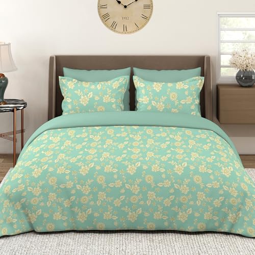 Image of Layers 100% Cotton Bedsheet for King Size Bed | Lumina Floret Collection | 144 TC Soft & Breathable | Printed with 2 Pillow Covers | Wrinkle Free & Colorfast | 3 Piece Bedding Set - Blue