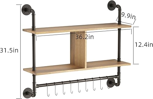 Miniatura 3 de MAIKAILUN Estantes flotantes de tubería, estante de barra de café con 9 ganchos ajustables para tazas, utensilios de cocina o toallas para cocina,