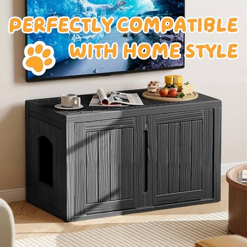 Image of Cat Litter Box Enclosure,Multi-Functional Hidden Litter Box Furniture Cabinet with Adjustable Partition & Side End Table, Indoor Outdoor Cat House with Double Doors,Easy to Clean & Assemble, Black