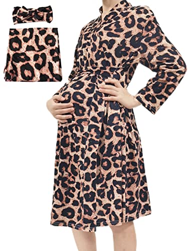 Image of SUFEINI Maternity Robe and Matching Baby Swaddle Blanket Set, Mommy Robe with Receiving Blanket Girls Boys Sleepwear