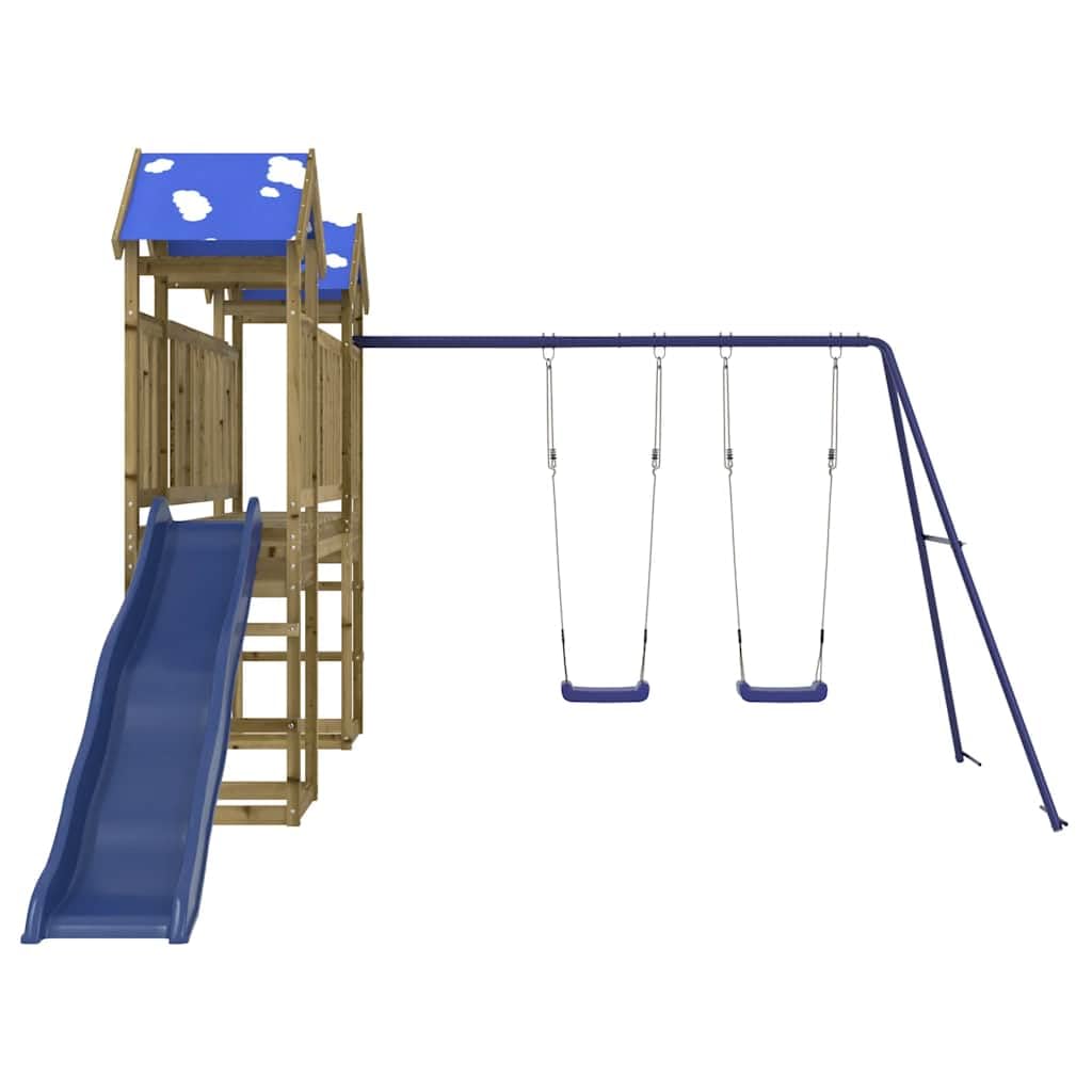 Torre de juego de madera de pino impregnada con tobogán, columpio, arenero y estructura de escalada para jardín y exterior, adecuada para niños de 3 a 8 años