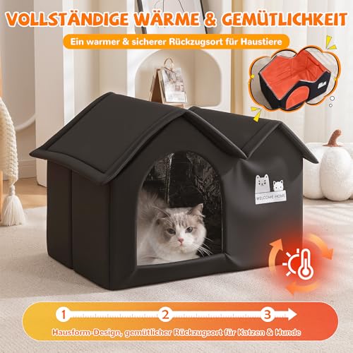 ALLSOPETS Faltbares Katzenhaus für Draußen, Wasserdichtes Hundehaus, Warmes Isoliertes Haustierhaus mit Doppel-Dach Design für Kleine und Mittlere Haustiere (Kohlschwarz)