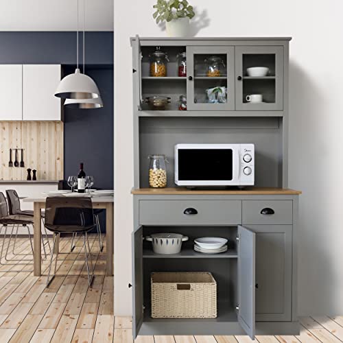 VEIKOU Kitchen Pantry Cabinet, 71" Buffet with Hutch, Freestanding Storage Cabinet with Adjustable Shelves & Glass Doors, Tall Cupboard Pantry Cabinet with Large Countertop, Grey 6 VEIKOU Kitchen Pantry Cabinet, 71" Buffet with Hutch, Freestanding Storage Cabinet with Adjustable Shelves & Glass Doors, Tall Cupboard Pantry Cabinet with Large Countertop, Grey - Image 4