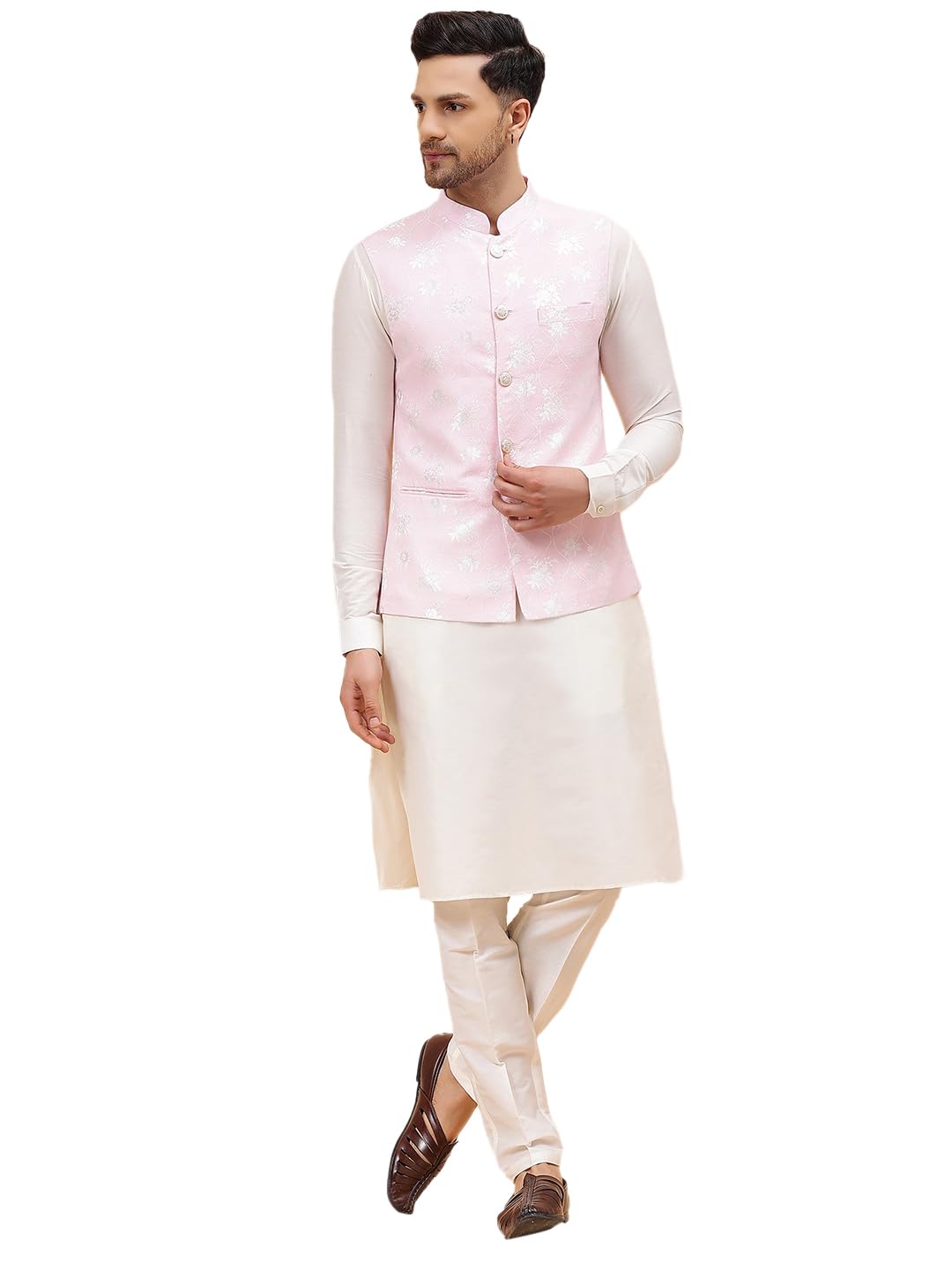 Men Off White Kurta Pajama & Pink Woven Design Jacquard Nehru jacket-image-44