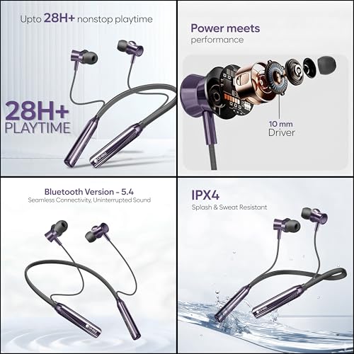 Image of Bluetooth Neckband Earphones, 28H+ Playtime, Bluetooth 5.4, 10mm Driver, IPX4 Splash Resistant (Purple)