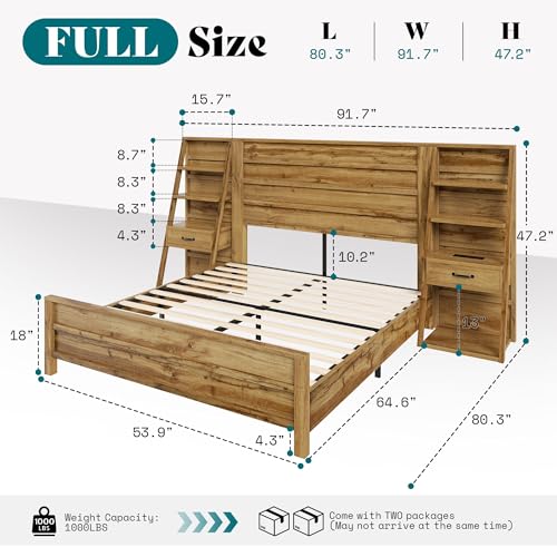 Image of AMERLIFE Full Bed Frame with Wide Headboard and 4-Tier Bookshelves, Farmhouse Platform Bed with Charging Station & 2 Drawers, Noise-Free, No Box Spring Needed, Natural Oak