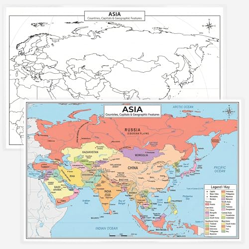 Asia Map 11x17 Laminated Dry Erase Geography Chart | Double-Sided with Color Front & Blank Outline Back | Reusable Classroom & Homeschool Tool