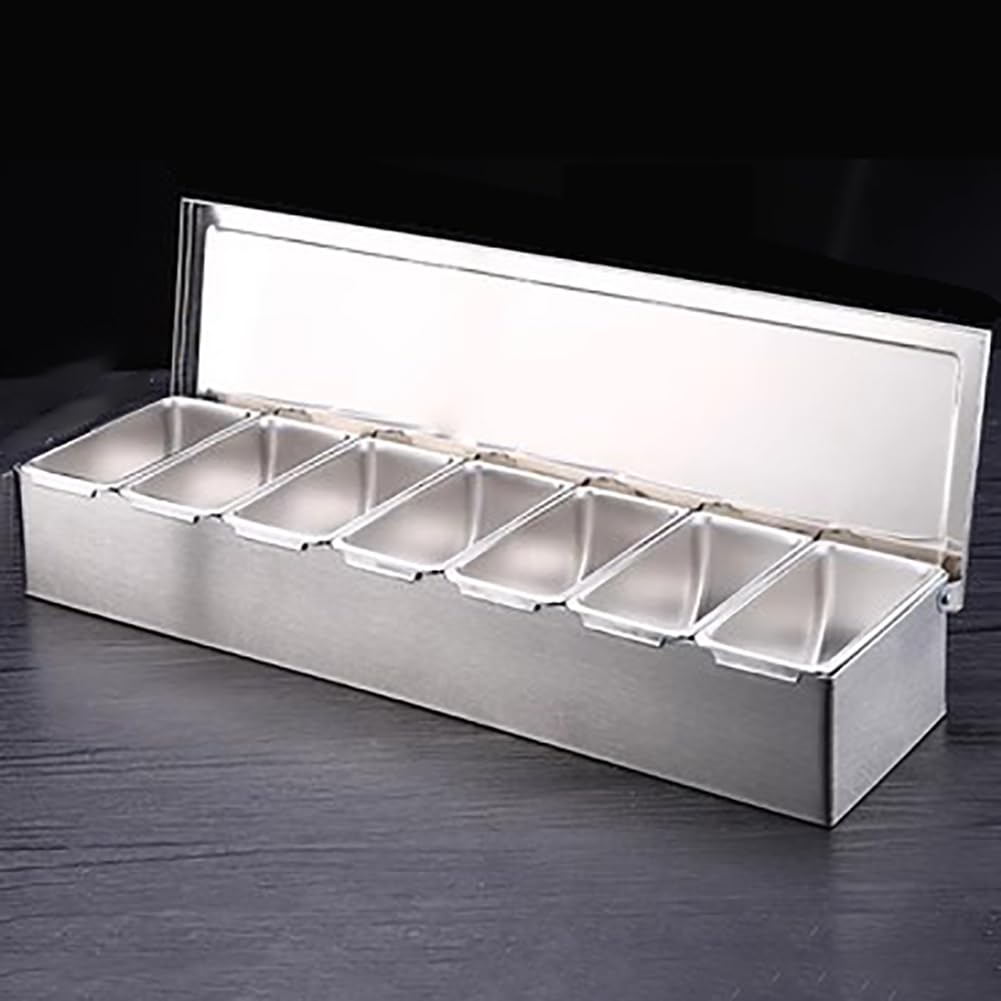 GTHTUHFD Kitchen Buffet Ingredient Containers, Condiment Prep Station With Lid, Stainless Steel Food Service Tray With Lid And Spoon, 2-8 Compartment Countertop Stand,7 Grids,7 Grids