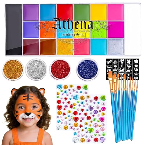 KOMEIYL Maquillage Enfant Set, 20 Peinture Visage Enfant, Lavable Peinture Visage avec 4 Paillettes, 2 Éponges, 2 Autocollants Diamant, 10 Pochoir Maquillage Enfant pour Fête Thème D'Halloween