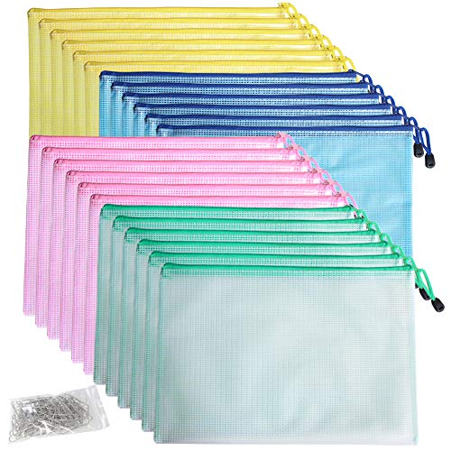 Qualsen 24 pcs Mesh Zipper Pouch Document Bag, Plastic Waterproof File Folder, Letter Size/A4 Size for School Office Supplies, Arts & Crafts Organizing Storage
