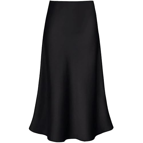 Women's Satin High Waist Hidden Elasticized Waistband Flared Casual A Line Midi Skirt