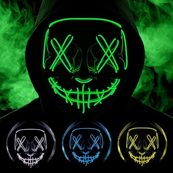Halloween Masks, Horror Smiles Mask, Anonymous Neon Mask, 3 Modes Colourful Rave Full Face Mask Cosplay Glow for Halloween, Christmas, Bonfire Night, Festival Costume Party Accessories - Green — image 1