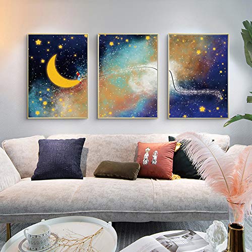 Affiche bébé étoiles lune sur toile scandinave pour habiller un grand mur vide de salon x3
