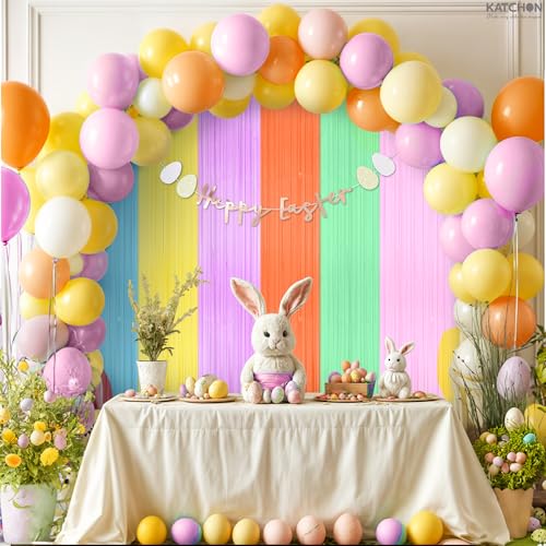 Image of KatchOn, Pastel Multicolor Foil Fringe Curtains - Pack of 2 | Pastel Colourful Photo Backdrop, Rainbow Foil Fringe Backdrop | Easter Decorations for Home | Baby Shower, Birthday Decorations
