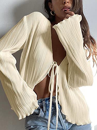 Zaful Women's Deep V Neck Tie Front Top Bell Long Sleeve Plisse Pleated Blouse Shirt Top Light Coffee #TOP6