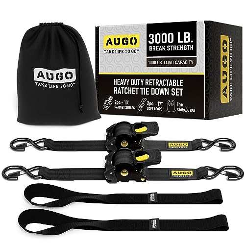 AUGO Retractable Ratchet Straps | 2 Heavy Duty Ratchet Straps Self Retractable Tie Downs with Soft Loops & Storage Bag for Motorcycle, Truck, Trailer, Cargo Van | 3000 Lb Break Strength 2” x 10’