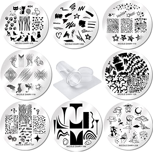 10 Pcs Nail Art Stamping Set 8 Round Templates With 1 Silicone Stamper & 1 Scraper, Easter Floral Geometric Star Snake Manicure Pattern Print Tools For Party Nail Diy Craft (Geometric) #TOP29