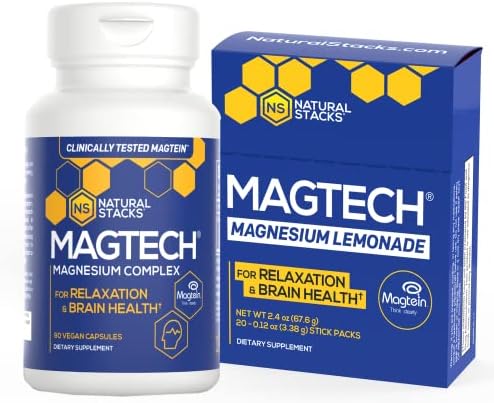 NATURAL STACKS MagTech Magnesium Supplement, Triple Blended 100% Chelated Magnesium (90ct) and Magtech Magnesium Lemonade Drink Powder (20 Stick Packs) - Memory and Sleep Support Supplement