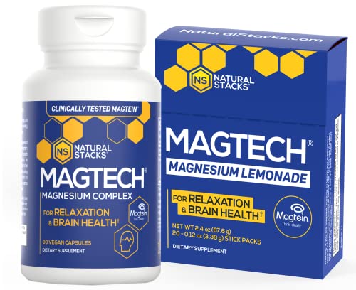 Natural Stacks Magtech Magnesium Supplement, Triple Blended 100% Chelated Magnesium (90Ct) And Magtech Magnesium Lemonade Drink Powder (20 Stick Packs) - Memory And Sleep Support Supplement #TOP10