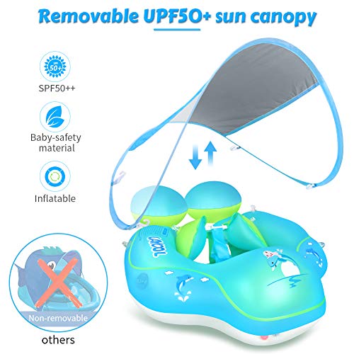 LAYCOL Baby Swimming Float with Sun Canopy Over UPF50+ ， Baby Floats for Pool Add Tail Never Flip Over (Blue, L) - Thumbnail 2