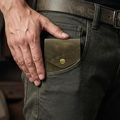Image of The Wallet Store Flip 2.0 Genuine Leather Vertical Slim Wallet for Men | Easy Quick Card Access | Compact Front Cash Pocket & Button Lock | Minimalist Travel & Daily Carry Wallet (Green)