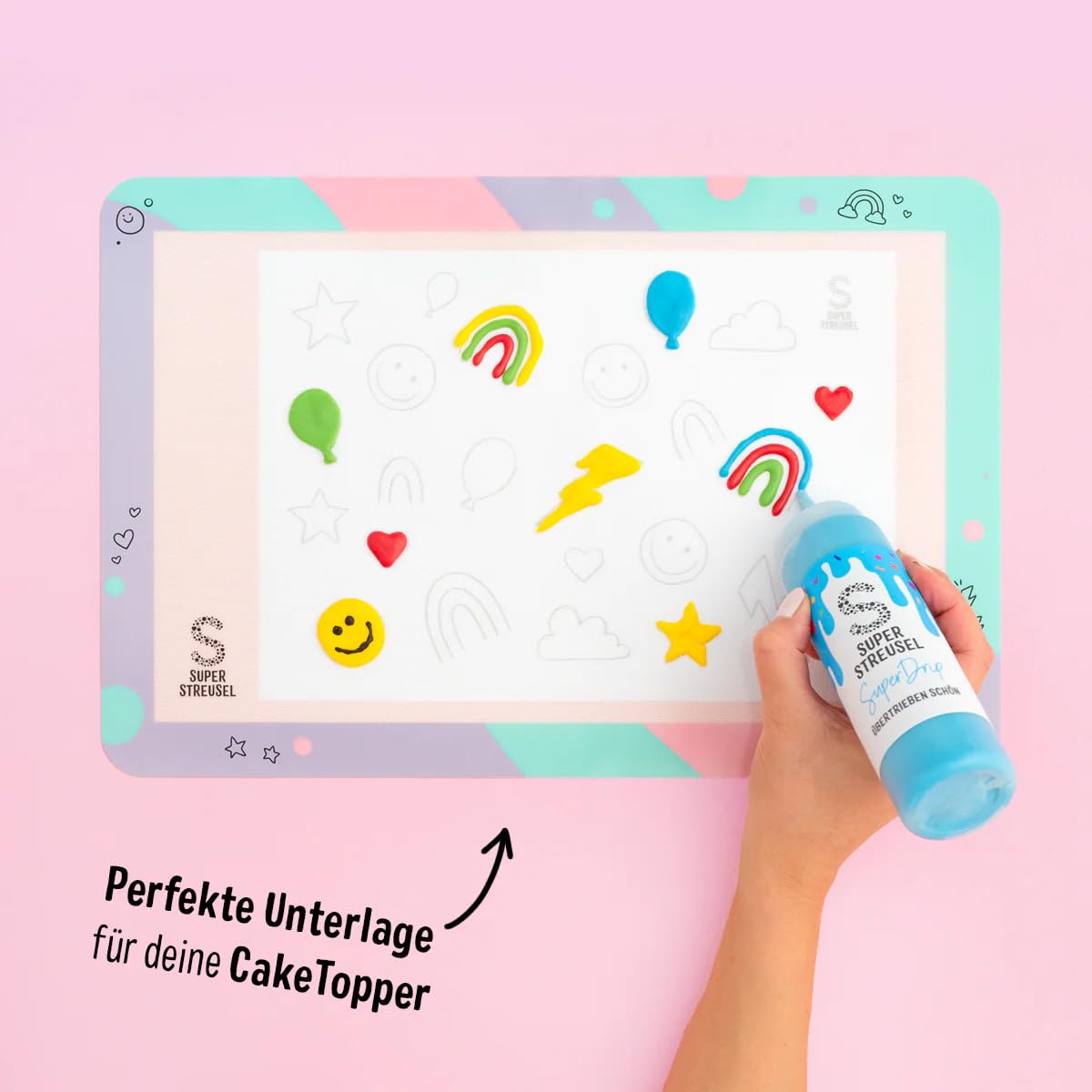 Super Streusel SuperDrip Schwarz & Weiß mit SuperBackmatte Bundle - Kuchenglasur & Schokoglasur für DripKreationen, CakeTopper, Torten, Cupcakes & Kekse (600g)