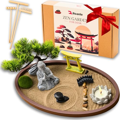Roanle Zen Garden for Desk 13x8in – Japanese Decor with Buddha, Artificial Bonsai Tree, Tools & Accessories – Mini Zen Garden Kit for Office Desk, Home, Meditation Room, Desktop Gift Set