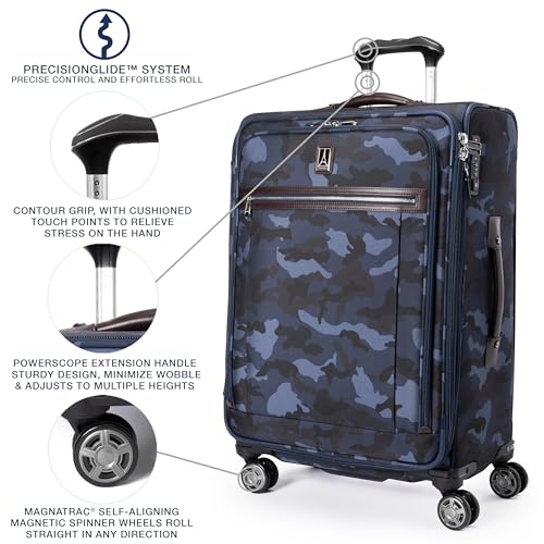 Image of Travelpro Platinum Elite Softside Expandable Checked Luggage, 8 Wheel Spinner Suitcase, TSA Lock, Men and Women, Navy Camouflage, Checked Medium 25-Inch