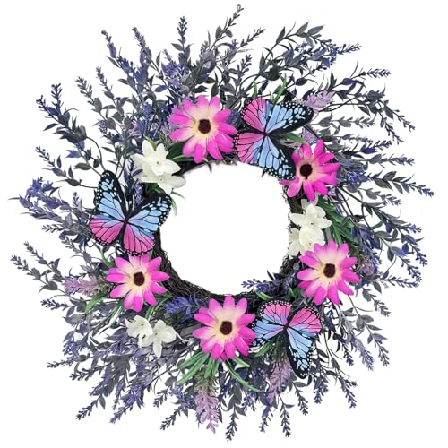 16-Inch Lavender Butterfly Wreath with Artificial Flowers and Butterflies, Spring and Summer Door Wreath for Home Wall Decor