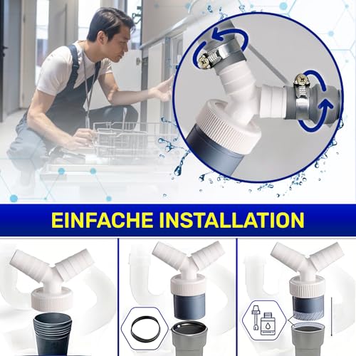 Waschmaschine Abfluss Adapter mit Abgang für Rohr Ø40 mm und Eingang Ø18-24 mm aus ABS - Y Adapter für Doppelanschluss Ablaufschlauch Spülmaschine - 2 Stück Schlauchschellen Ø20-32 mm - MONTERAL