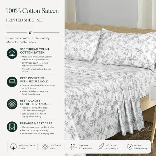 Image of Feather & Stitch Printed 500 TC Split King Size Sheet Set, 5 Piece Bed Sheets Set, 2 Twin Fitted Sheet, 1 King Flat Sheet & 2 King Pillowcases, 18 inch Deep Pockets Sateen Weave - Grey Floral Toile