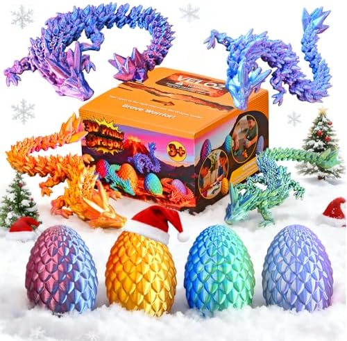 3D Printed Dragon Egg, Cool 3D Printer Articulated Crystal Dragon Toy for Boys Kid Teen, Animals Fidget Toy Dinosaur Eggs for 5-7 4-6 8-12 Year Old Boys Kid Girls