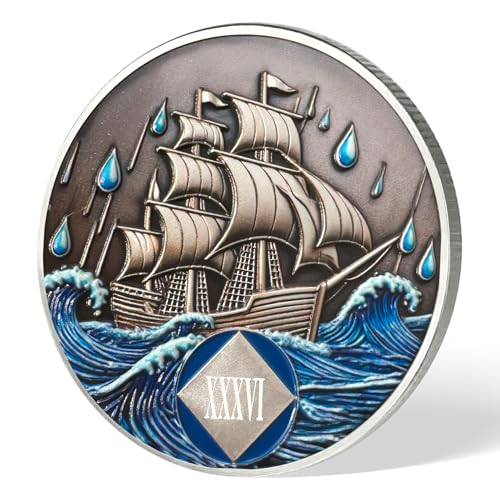 Image of NA Sobriety Coin - NA Medallions with Sailing Ship and Ocean Sobriety Chips NA Coins - Ideal Narcotics Anonymous Gifts for Men ＆ Women Celebrating Recovery and Living Clean (36 Years)