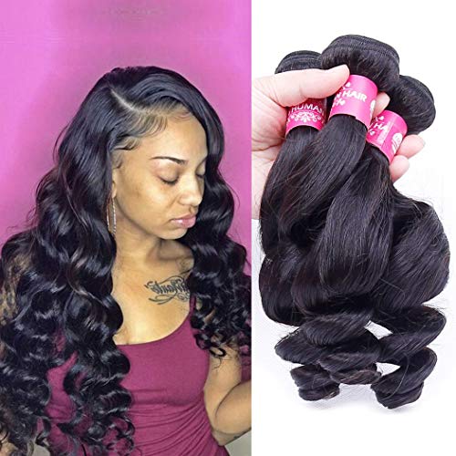 YUZHU Human Hair Bundles Loose Wave 14" 16" 18" Peruvian Loose Wave Human Hair Bundles 100% Unprocessed Virgin Hair Extensions Natural Black