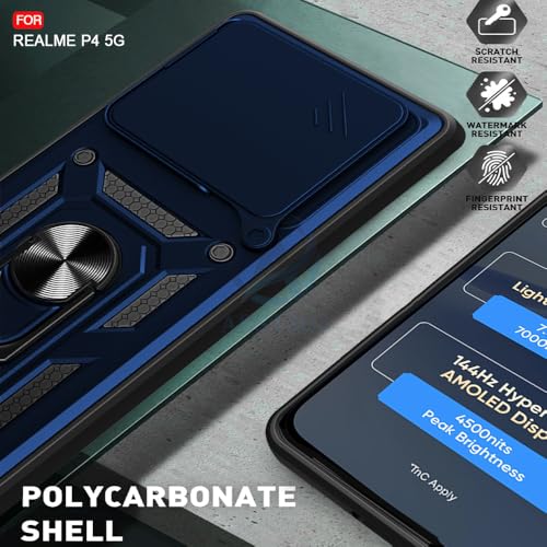 Image of AESTMO Tough Armor Realme P4 5G Bumper Back Case Cover | Ring Holder & Sliding Camera Shield Cover | 360 Degree Protection Back Case Cover for Realme P4 5G (Blue)