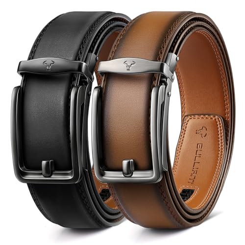 BULLIANT Men Ratchet Belt 2 Pack, Click Sliding Leather Belt Adjustable for Gift Men Dress Casual Jeans 1 3/8,Cut for Fit