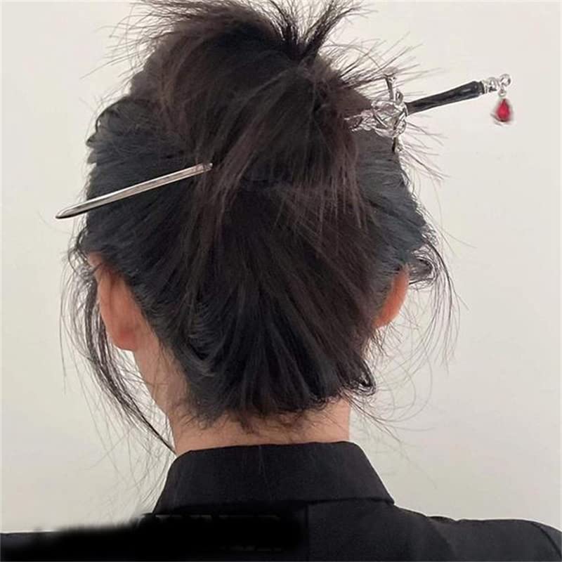 Miniatura 3 de Palillos para el cabello, estilo chino de cómics, espada para moño con borla, accesorios para el cabello con gemas rojas, accesorios para el cabello