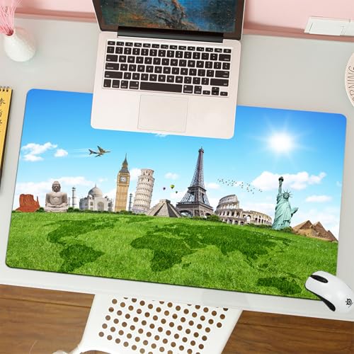 QRFASFZO Alfombrilla Ratón,XXL 80x30 cm Mouse Pad Grande Gaming, Alfombrilla Antideslizante,Tapete Escritorio con Bordes Cosidos,Mapa, Monumentos históricos Famosos del Mundo, Destinos de Viaje temát