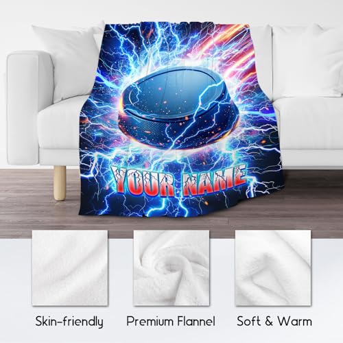 Hockey Blankets Custom Boys Blanket - Personalized Team Gifts Ice Hockey Kids Warm Flannel Throw for Couch, Room Decor (4 Sizes Choose)