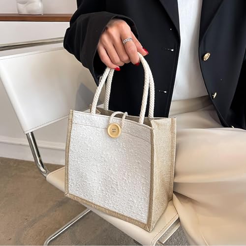 EKKONG Jute Tragetasche, Jutebeutel für Damen, Einkaufstasche, Tasche Tote, Shopper Bag, Handtasche, Geschenktaschen, Korbtasche für Picknick Reisen Einkaufen Strand Alltag Frau Geschenk (A)