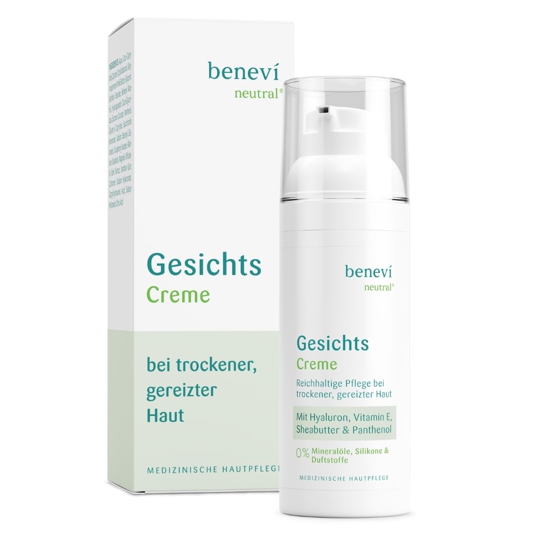 benevi Gesichts-Creme 50ml reichhaltige Pflege für empfindliche und irritierte Haut - für die trockene und zu Neurodermitis neigende Haut - Hyaluron Panthenol Sheabutter pH-hautneutral