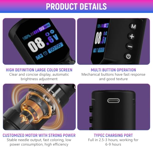 Image of MAYCREATE ArtFlex cordless tattoo pen with LCD screen, 7-step adjustable stroke from 2.3mm to 4.5mm, 2000mAh USB rechargeable battery, low noise rotary design compatible with tattoo cartridges