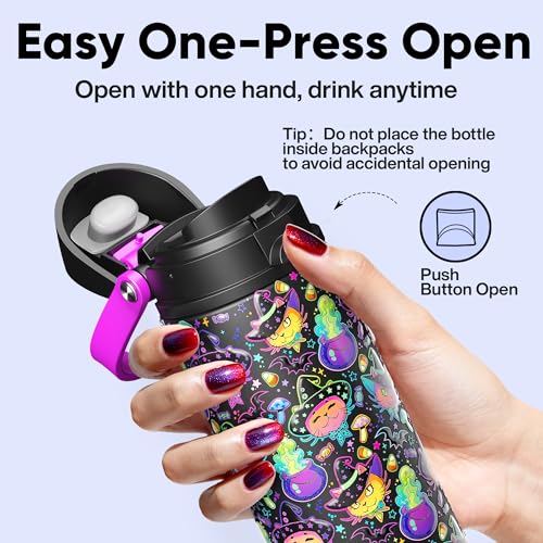 Image of Insulated Water Bottle with Straw - Encool Stainless Steel Water Bottle with Push Button Lid, Leak-Proof & BPA-Free, Keeps Cold for 24 Hours for Sports, Travel, Gym (24 oz, Meowgic Night)