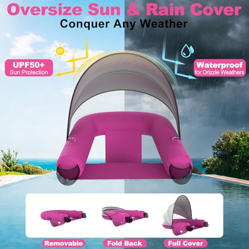 Image of Adult Inflatable Pool Floats | UPF50+ & Rain Canopy | 2 Large Drink Holders| Deepened Seat | Inflatable Lounger Float for Swimming Pool /Beach /Lake /Party | Pink