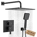 POP SANITARYWARE Matte Black Shower Faucet Set Rainfall 12 Inch Shower Head and Handle Set Bathroom Rain Shower System Wall Mounted Shower Fixture Include Shower Valve and Trim Kit